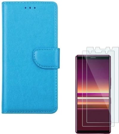 hoesje Geschikt voor: Sony Xperia 5 Portemonnee Turquoise met 2 stuks Glas Screen protector