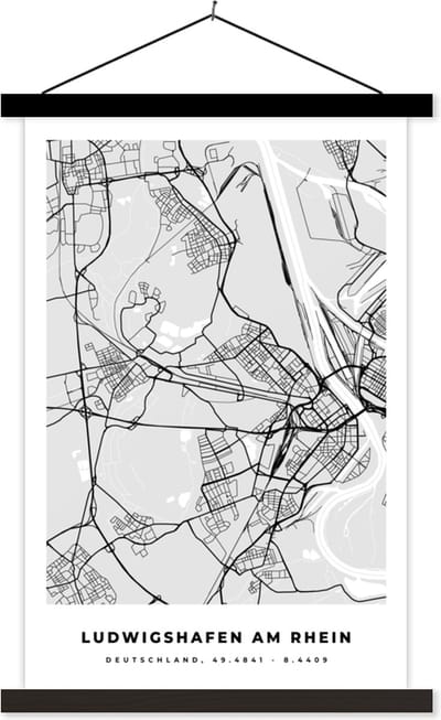 Posterhanger incl. Poster 40x60 cm - Schoolplaat - Kaart - Ludwigshafen Am Rhein - Duitsland - Stadskaart - Plattegrond - Textielposter - Zwarte latten - Stadskaart