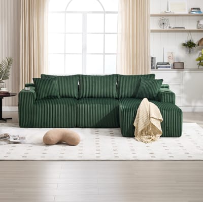 DESMIU Hoekbank 257 Cm - Modulaire Bank Met Chaiselongue En 2-Zits, 5 Kussens, Zijvakken En Bekerhouders - Voor Woonkamer En Studio - Corduroy Emerald