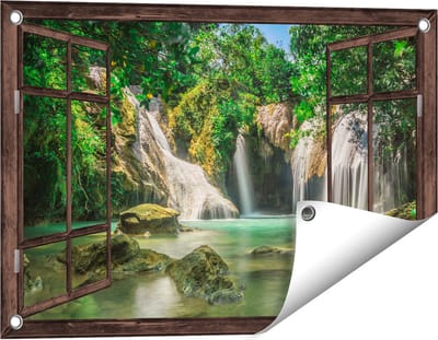 Gards Tuinposter Doorkijk Tropische Waterval - 60x40 cm - Tuindoek - Tuindecoratie - Wanddecoratie buiten - Tuinschilderij