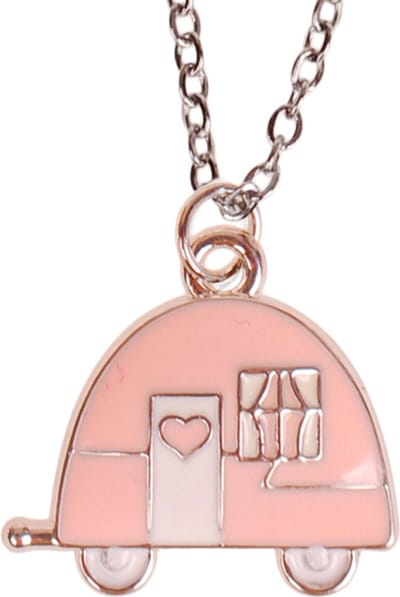 Kinderketting 45cm - Hangertje Caravan roze zilverkleurig geëmailleerd 2cm
