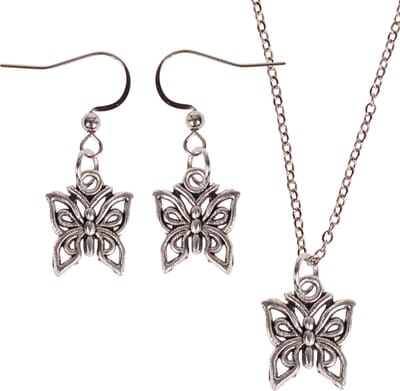 Set - Kinderketting 45cm - Zilverkleurige Oorbellen - Hangertje Vlinder zilverkleurig 1,2cm