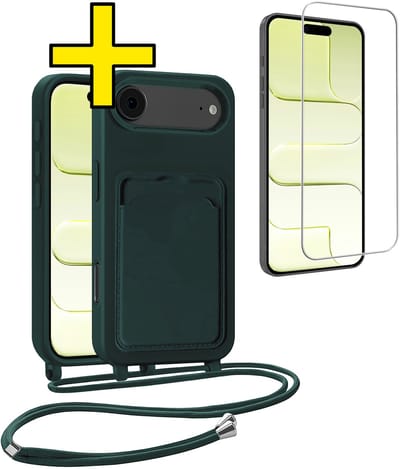 Hoesje Geschikt voor iPhone Air Telefoonhoesje Met Koord Case Pashouder Met Screenprotector Siliconen - Hoes Geschikt voor iPhone Air Hoesje Met Kaarthouder - Donkergroen