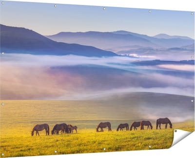 Gards Tuinposter Kudde Wilde Paarden in de Wei bij Heuvels - 180x120 cm - Tuindoek - Tuindecoratie - Wanddecoratie buiten - Tuinschilderij