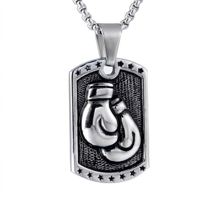 Heren ketting met bokshandschoen hanger – zilverkleurig – schakelketting met sportief design – roestvrij staal look