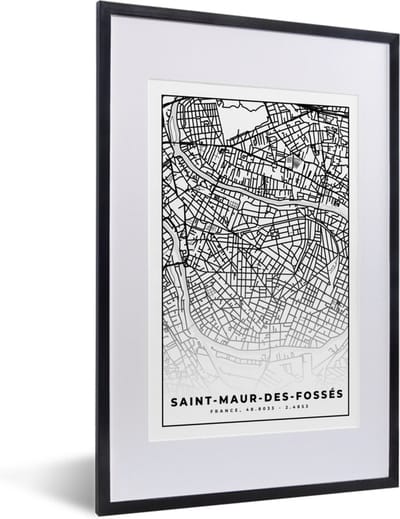 Fotolijst incl. Poster Zwart Wit- Frankrijk - Kaart - Plattegrond - Stadskaart - Saint-Maur-des-Fossés - Zwart wit - 40x60 cm - Posterlijst
