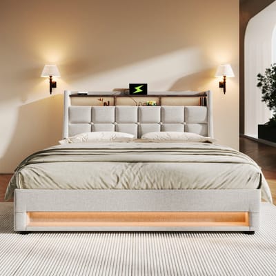 VVBV Gestoffeerd Bed 180x200 cm - LED-Verlichting, USB, Lattenbodem, Voor Kinderen/Tieners - Metaal/Linnen - Zonder Matras