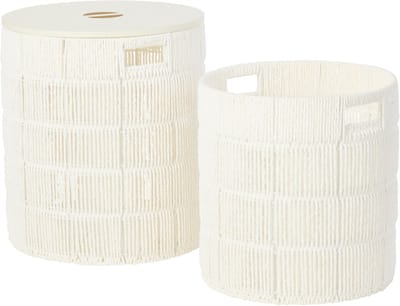 J-Line mand + deksel Rond - ijzer/papier - wit - set van 2