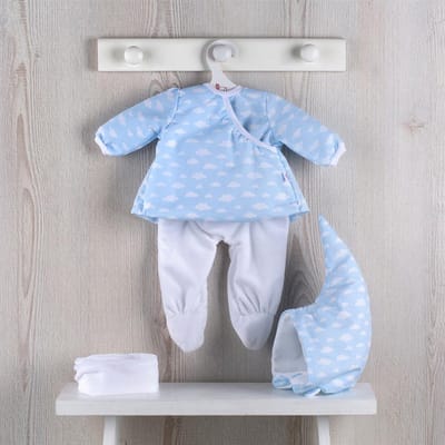 Asi poppenkleding winterset blauw Scandinavisch met wolken motief.