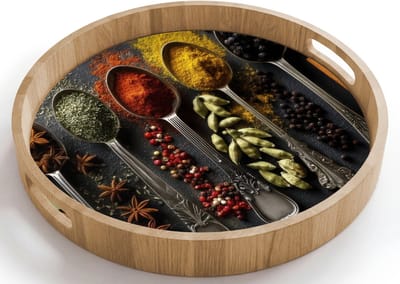Dienblad rond 40x40 cm - Schootdienblad hout - Lepels - Specerijen - Kaneel - Chili - Borrelplank rechthoek - Plateau houten dienbladen