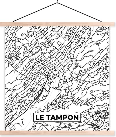 Posterhanger incl. Poster 40x40 cm - Schoolplaat - Stadskaart - Plattegrond - Kaart - Frankrijk - Le Tampon - Zwart wit - Textielposter - Blanke latten - Stadskaart