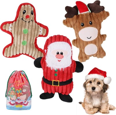 Famanu – 3 stuks kersthondenspeelgoed, pluche hondenspeelgoed met piepjes inclusief Ginger Man, rendier en Santa Claus, perfect voor kleine en middelgrote hond