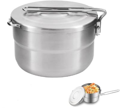 QTTVBTNA - Camping Kookpot 1,5L - RVS - Kookset met Deksel en Inklapbare Handgreep - Outdoor Pot voor Camping, Wandelen en Picknick - Grote Capaciteit