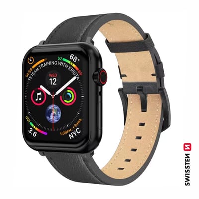 Swissten bandje Geschikt voor Apple Watch 42-49mm Leather Band - 46000811 - Black Buckle - Black