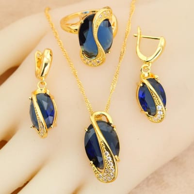 Nouveaux Ensembles de Bijoux de Mariée Pour Femmes Cristal Rouge Plaqué Or Boucles d'Oreilles Collier Pendentif Bague Cadeau de Mariage 9 beige