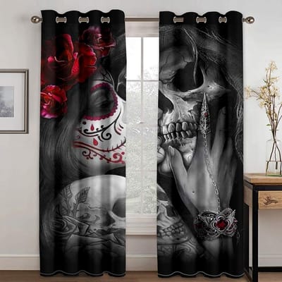 Rideaux de Fenêtre Fins pour Enfants Thème Halloween Squelette Trône Effrayant Amusant 3D Draperie de Fenêtre Décor d'Espace de Vie Chambre à Coucher 100W130H(CM)40x51in&Hook