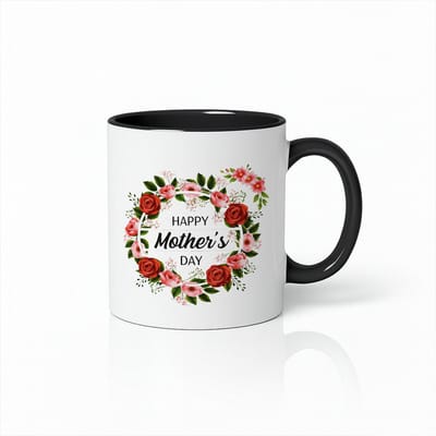 Moederdag Koffiemok - Zwart Oor en Binnenkant - Rode Rozen Bloemenkrans - 330ml - Moederdag Cadeau