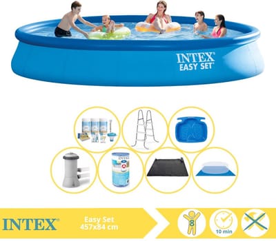 Intex Rond Opblaasbaar Easy Set Zwembad - 457 x 84 cm - Blauw - Inclusief Pomp - Solarzeil - Onderhoudspakket - Filter - Grondzeil - Solar Mat - Ladder - Voetenbad - 9-delig