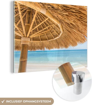 MuchoWow® Glasschilderij 40x30 cm - Schilderij acrylglas - Parasol - Strand - Zee - Tropisch - Foto op glas - Schilderijen