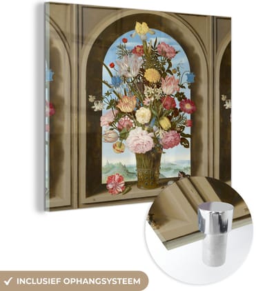 MuchoWow® Glasschilderij 50x50 cm - Schilderij acrylglas - Vaas met bloemen in een venster - Schilderij van Ambrosius Bosschaert de Oude - Foto op glas - Schilderijen