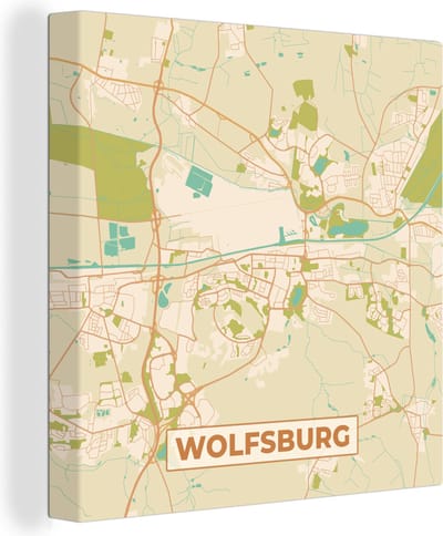 Canvas Schilderij Wolfsburg - Plattegrond - Kaart - Stadskaart - Vintage - 20x20 cm - Wanddecoratie