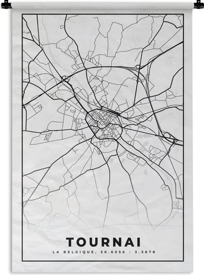 Wandkleed - Wanddoek - Zwart Wit – België – Plattegrond – Stadskaart – Kaart – Tournai - 120x180 cm - Wandtapijt