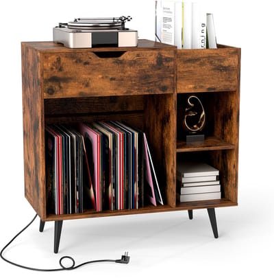 COSTWAY Platenspelerstandaard, platenkast met stopcontact & USB & type C, platenkast met lade en open vak, platenspeler platenstandaard voor albums, grammofoonplaten cd's