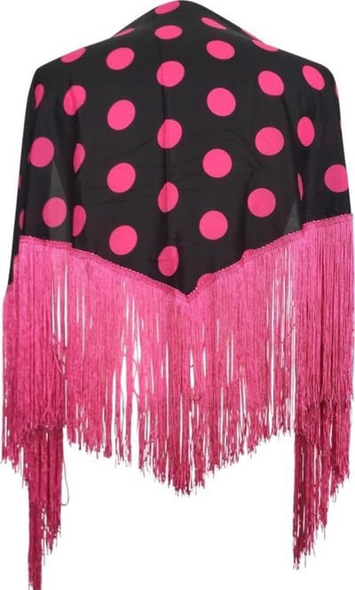 Spaanse manton - omslagdoek - zwart met roze stippen bij verkleedkleding of flamenco jurk