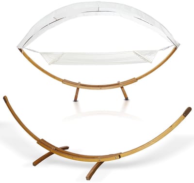 Hangmatten met standaard – Hangmat met Houten Frame – 415 × 150 × 210 cm Dubbele Hangmat met Zonnedak – Tuinligbed tot 200 kg – Hangschommel