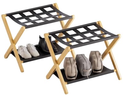 Opvouwbaar Bagagerek Set van 2 – Bamboe Hotel Bagagehouder met Stoffen Plank en Stevige Riemen