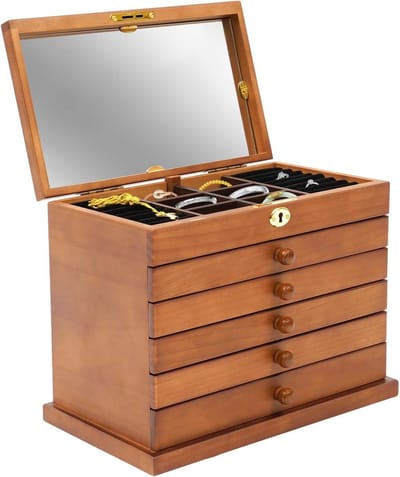 Houten sieradenkistje - Opbergdoos met laden - Sieraden organiseren - Met spiegel en slot