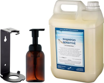 Zeepdispenser 300 ml amber bruin hervulbaar + 5 liter Shampoo Sensitive Care navulling (inclusief beugel)