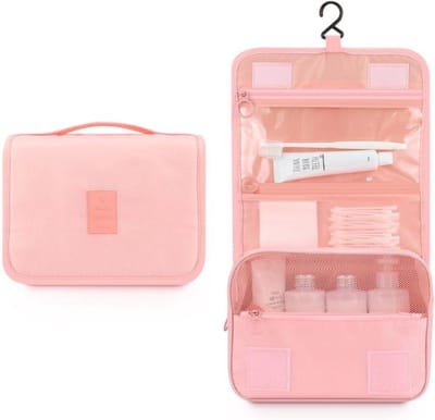 Hangende Toilettas met Haakontwerp - Ruime Make-uptas voor Dames en Heren - Duurzaam en Draagbaar - Multifunctioneel met Grote Capaciteit - Oxford Stof - 24x9.5x18.5cm - Roze