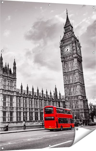 Gards Tuinposter Rode Bussen in Londen - Retro - 90x120 cm - Tuindoek - Tuindecoratie - Wanddecoratie buiten - Tuinschilderij