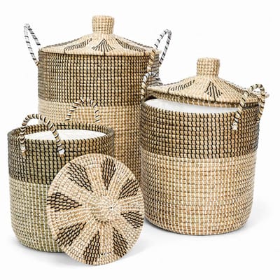Dailygoods- Opbergmand Set van 3 - Zeegrasmand met Deksel - Handgemaakt - 100% Duurzaam - 76L/43L/26L - Stevige Handvatten - Opbergmanden