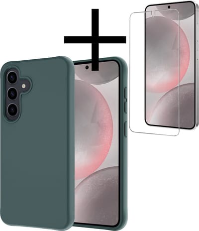 Hoesje - Met Screenprotector - Geschikt voor Samsung Galaxy S24 - Sterk & Shockproof - Back Cover - Siliconen Case - Telefoon Hoes - Donkergroen