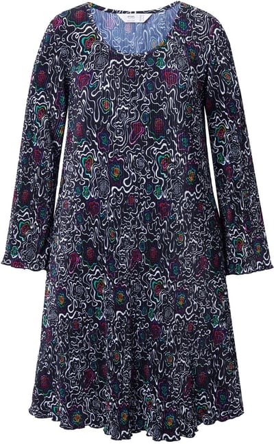 Angel of Style - Dames - Geplooide jurk A-lijn all-over motief trompetmouwen - Zwart - Maat 44