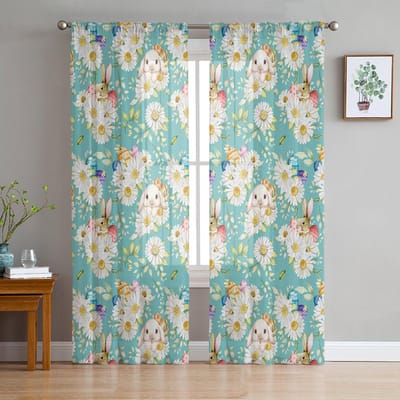Paasei Konijn Bloemen Tule Gordijnen Voor Woonkamer Slaapkamer Voile Transparant Gordijn Raam Huisdecoratie Draperieën 135W x 114H(cm) white