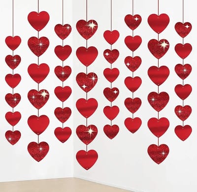 12pcs Decorations Pendants Heart, Red Heart Garland, Valentine's Day Decoration Glitter Banner Hanging Hearts for - ShopVlot