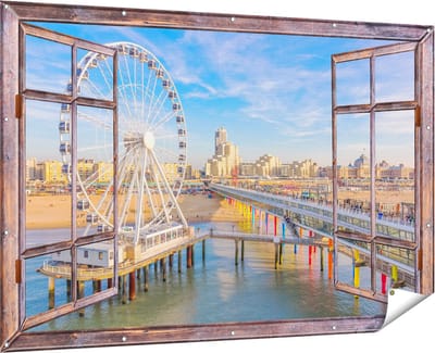 Gards Tuinposter Doorkijk Scheveningen Pier met de Ferris Wheel - Reuzenrad - 180x120 cm - Tuindoek - Tuindecoratie - Wanddecoratie buiten - Tuinschilderij