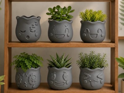 Mini Vetplant Potjes Set van 6 – Cute Face Plantenpotjes met Emoji Design – Decoratieve Potjes voor Vetplantjes en Cactussen – Grijs