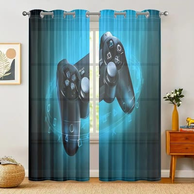 2 stuks, blauwe gordijnen met gamecontroller - 30% verduisterend - geschikt voor woonkamer, slaapkamer, keuken, huisdecoratie W150CM H166CM&Grommet Top black
