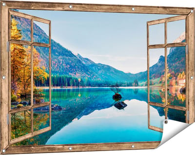 Gards Tuinposter Doorkijk Meer met Herfstbomen - 120x80 cm - Tuindoek - Tuindecoratie - Wanddecoratie buiten - Tuinschilderij