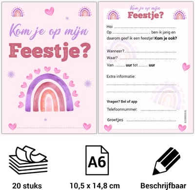 Uitnodiging kinderfeestje Roze Regenboog - Voordeelset 20 stuks - Beschrijfbaar - Uitnodigingskaarten - Uitnodiging verjaardag - uitnodiging verjaardag feest - Uitnodiging kinderfeestje Jongen of Meisje - Uitnodiging feestje - uitnodigingen