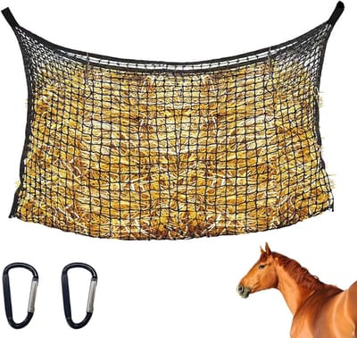Hooienet voor dieren, 90 x 120 cm, met karabijnhaak, scheurvast en robuust, ideaal voor paarden, runderen en schapen, perfect voor voederautomaat en hooitas