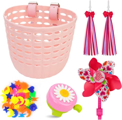 Fietsmand Set - Kinder Accessoires - Fiets Decoratie - Compleet met Bel - 4 Delig - Roze