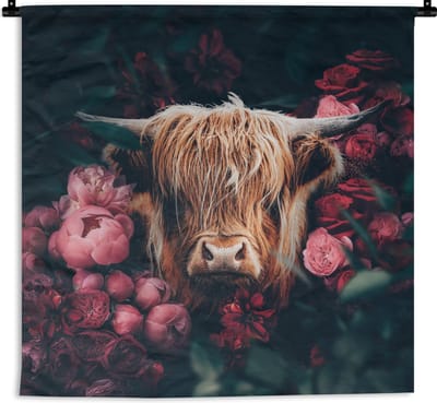 Wandkleed - Wanddoek - Koe - Schotse hooglander - Bloemen - botanisch - 180x180 cm - Wandtapijt