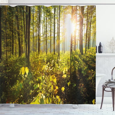 ABAKUHAUS Bos Douchegordijn, Zonnestralen Woods bladeren, Stoffen Badkamerdecoratieset met Haken, 175 x 180 cm, Bruin Groen Geel