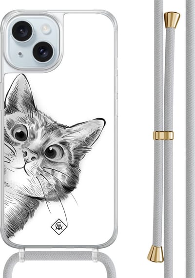 Casimoda® hoesje met grijs koord - Geschikt voor iPhone 15 - Peekaboo Kat - Afneembaar koord - TPU/acryl - Wit