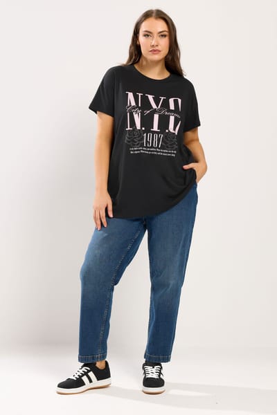 Yours Zwart 'Nyc' Tshirt Met Roos Size 42